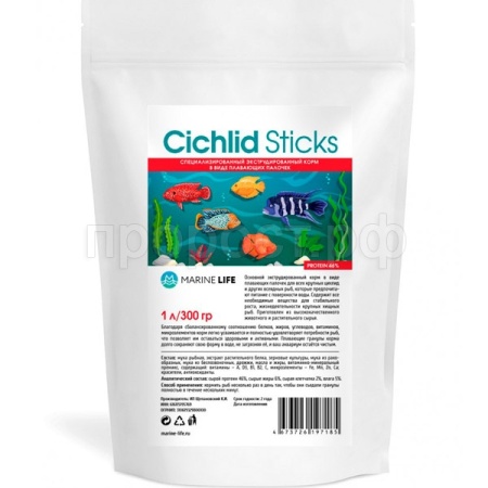 Рыбы пакет Marine Life Cichlid Sticks 1л палочки для цихлид и др.крупной рыбы/300г/30шт